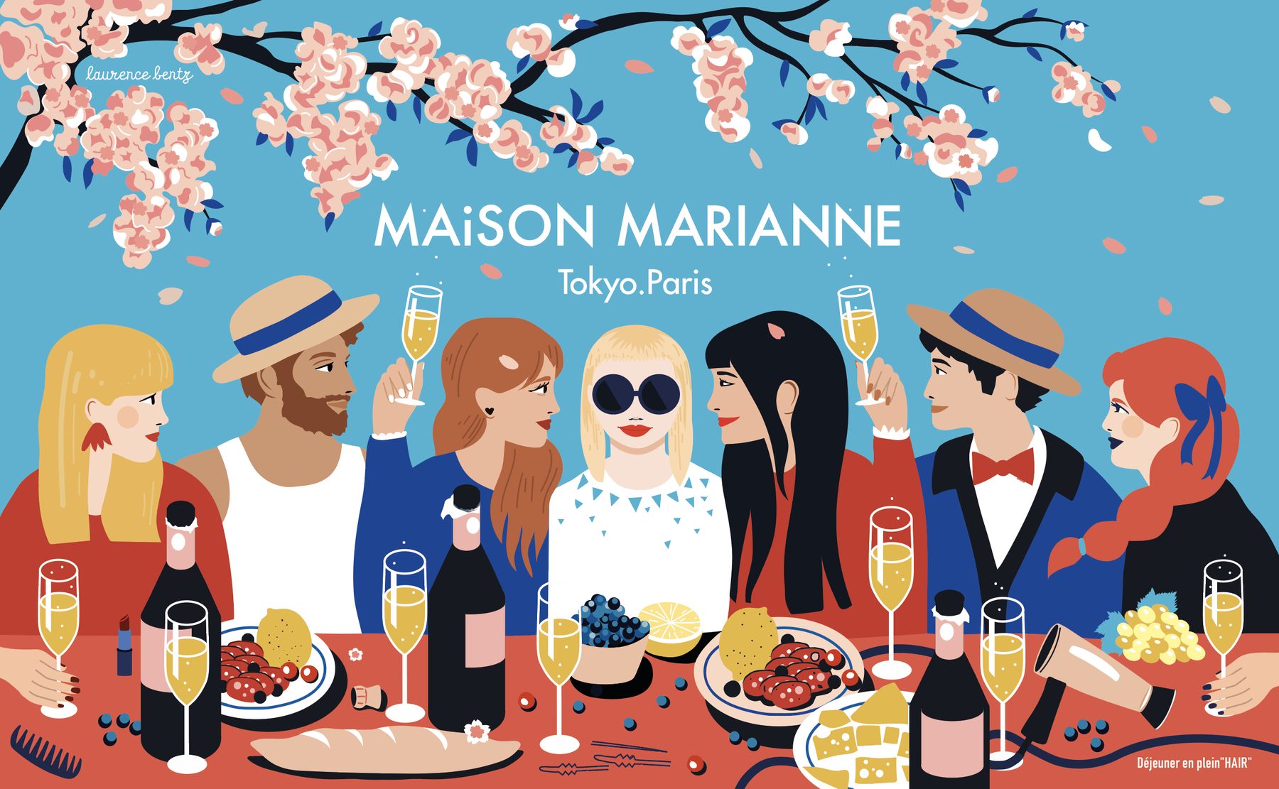 Illustration : un déjeuner sous les cerisiers en fleurs, coupes de champagne levées.