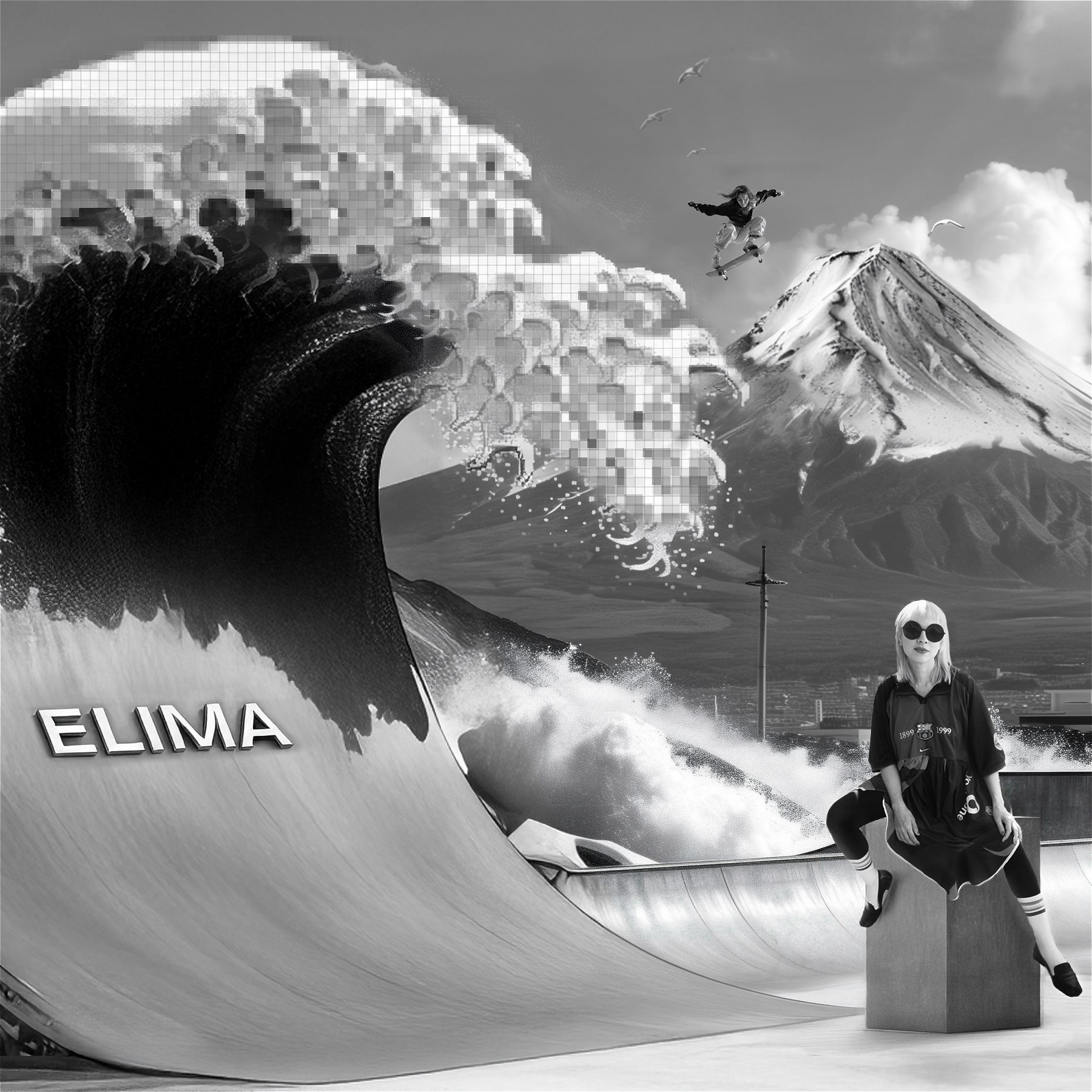 Une vague géante sur une rampe de skate, le mont Fuji au fond, Marianne au premier plan. En noir et blanc.